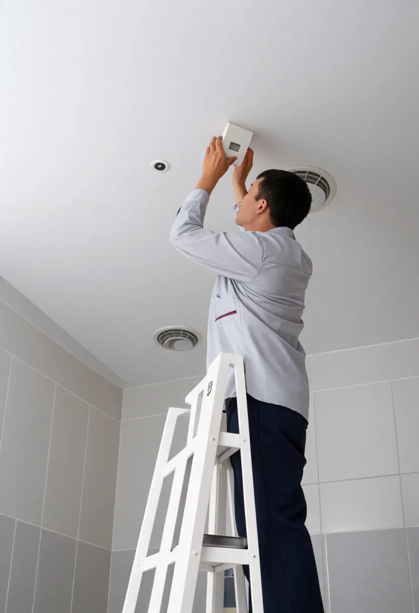 An electrician on a step ladder fitting a sensor into a school bathroom ceiling.